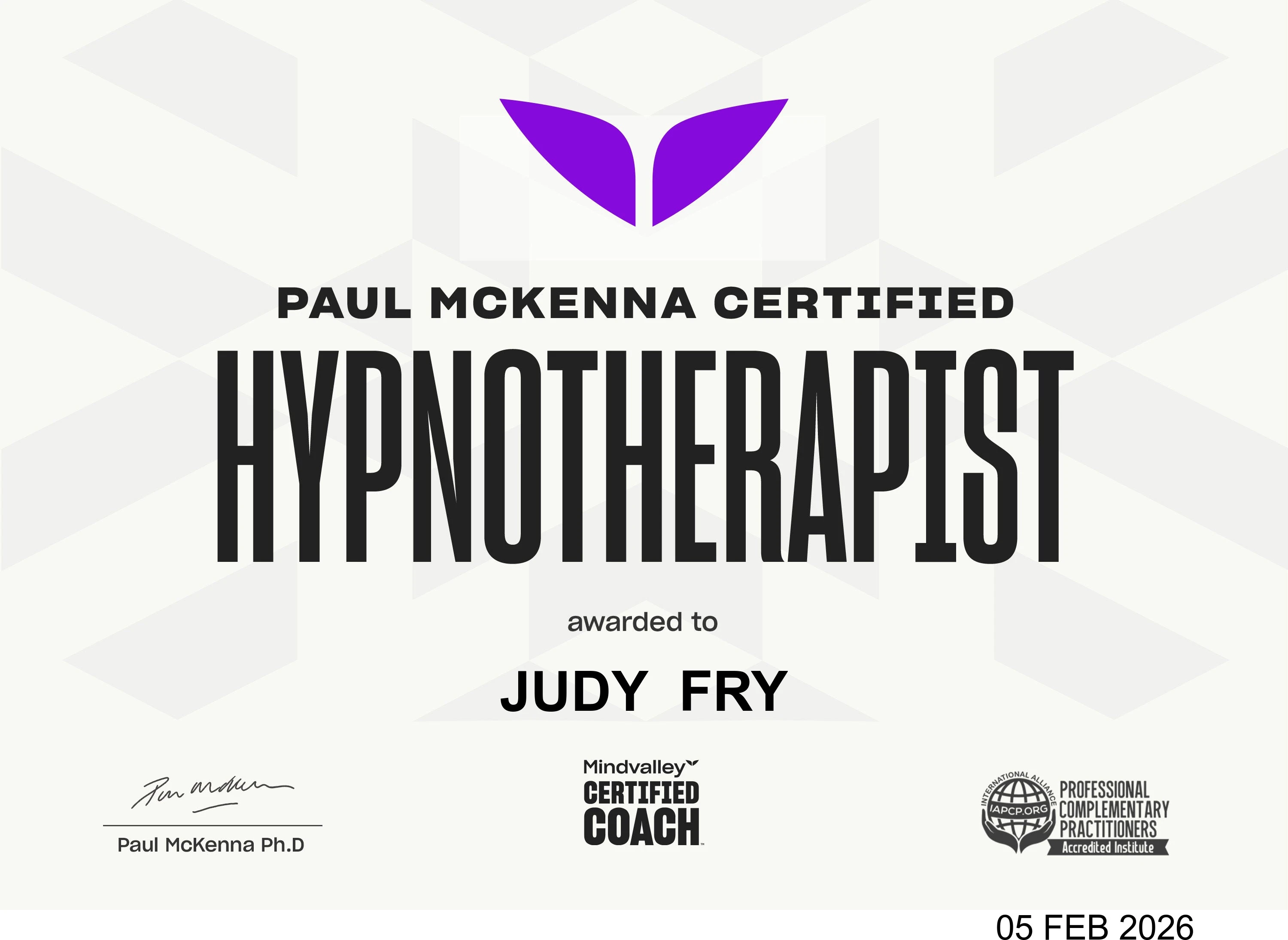 Judy Fry's advanced hypnotherapy training certificate